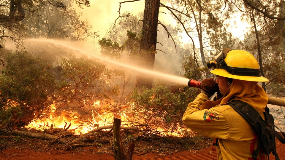Wildland firefighter spraying water on a fire